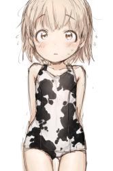 Rule 34 | 1girl, animal print, arms behind back, child, cow print, female focus, flat chest, kikai (akita morgue), looking at viewer, one-piece swimsuit, original, short hair, simple background, solo, swimsuit, tareme, thigh gap, white background