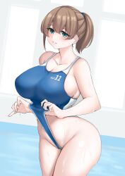 Rule 34 | 1girl, absurdres, adjusting clothes, adjusting swimsuit, blue background, blue eyes, blush, breasts, brown hair, collarbone, cowboy shot, hair between eyes, highres, intrepid (kancolle), jiangyou dang, kantai collection, large breasts, looking at viewer, one-piece swimsuit, ponytail, short hair, smile, solo, swimsuit, white background