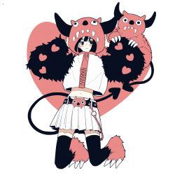 Rule 34 | 1girl, black eyes, black hair, black thighhighs, blush, clawed boots, closed mouth, coalowl, commentary, demon horns, demon tail, expressionless, flat color, full body, fur sleeves, heart, highres, hood, hood up, horns, jumping, looking to the side, midriff, miniskirt, monster, navel, original, oversized zipper, pleated skirt, shirt, short hair, simple background, skirt, solo, symbol-only commentary, tail, thighhighs, white background, white shirt, white skirt, zettai ryouiki, zipper