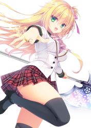 Rule 34 | 1girl, :d, axe, black thighhighs, blonde hair, blouse, breasts, buttons, green eyes, hair ribbon, high heels, highres, holding, holding weapon, jewelry, long sleeves, muririn, one side up, open mouth, pink shirt, plaid, plaid skirt, polearm, red skirt, ribbon, ring, school uniform, shirt, simple background, skirt, smile, solo, sparkle, textless version, thighhighs, uniform, weapon, white background, white shirt, zettai ryouiki