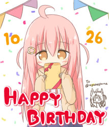 Rule 34 | 1girl, ahoge, blonde dog girl (ri-net), blue skirt, blush, borrowed character, box, brown cardigan, brown eyes, cardigan, confetti, covered mouth, gift, gift box, hair between eyes, hair ornament, hairclip, happy birthday, holding, holding gift, ii (ayanepuna), long hair, long sleeves, open cardigan, open clothes, original, pennant, pink hair, pleated skirt, ri-net, shirt, simple background, skirt, sleeves past wrists, solo, string of flags, twitter username, two side up, very long hair, white background, white shirt