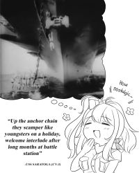Rule 34 | 1girl, :d, = =, anchor, blush, breasts, chain, chibi, closed eyes, commentary, dress, english commentary, english text, greyscale, guin guin, hand up, highres, kantai collection, large breasts, long hair, monochrome, one side up, open mouth, saratoga (kancolle), ship, short sleeves, smile, smokestack, solo, upper body, watercraft, white background