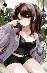 Rule 34 | 1girl, bat earrings, black camisole, black nails, black shorts, bow, breasts, brown hair, camisole, cardigan, cleavage, closed mouth, collarbone, crop top, drawstring, drink, drinking straw, earrings, frilled camisole, frilled shirt, frilled shorts, frills, hair bow, hairband, highres, holding, holding drink, jewelry, kairi630, light bulb, long hair, looking at viewer, medium breasts, milk carton, nail polish, one eye closed, open cardigan, open clothes, original, pink sweater, plant, red eyes, rubbing eyes, shirt, short shorts, shorts, sidelocks, single bare shoulder, sitting, solo, sweater, thighs, two side up, white bow, white hairband
