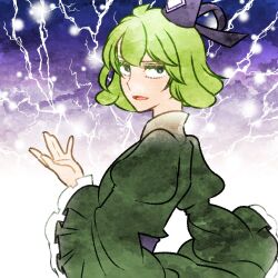 Rule 34 | 1girl, black hat, commentary request, dress, green dress, green eyes, green hair, hat, highres, juliet sleeves, lightning, long sleeves, looking at viewer, open mouth, puffy sleeves, short hair, soga no tojiko, solo, tate eboshi, touhou, uikyou kaori