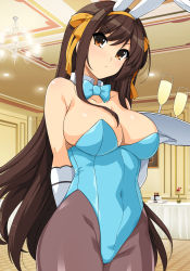 Rule 34 | 1girl, absurdres, animal ears, arm behind back, bare shoulders, blue bow, blue bowtie, blue leotard, bow, bowtie, breasts, brown eyes, brown hair, champagne flute, closed mouth, collarbone, covered navel, cowboy shot, cup, detached collar, drinking glass, elbow gloves, flower, gloves, hair between eyes, hair ribbon, hand up, haruhisky, highleg, highleg leotard, highres, holding, holding tray, indoors, large breasts, leotard, long hair, looking at viewer, pantyhose, playboy bunny, rabbit ears, red flower, ribbon, skindentation, solo, strapless, strapless leotard, suzumiya haruhi, suzumiya haruhi no yuuutsu, table, tray, white gloves, yellow ribbon