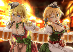 Rule 34 | 10s, 2girls, abo (hechouchou), alcohol, alternate costume, beer, beer mug, bismarck (kancolle), blonde hair, blue eyes, breasts, cup, dirndl, german clothes, hair ornament, hat, kantai collection, large breasts, long hair, looking at viewer, military hat, mug, multiple girls, oktoberfest, one eye closed, open mouth, peaked cap, prinz eugen (kancolle), traditional clothes, twintails