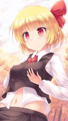 Rule 34 | 1girl, alternate breast size, autumn, blonde hair, blouse, breasts, collared shirt, grabbing own breast, hair ribbon, highres, long sleeves, lzh, medium breasts, navel, necktie, outdoors, red eyes, red necktie, red ribbon, ribbon, rumia, shirt, short hair, solo, touhou, vest, white shirt