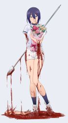 Rule 34 | 1girl, aliasing, amputee, blood, chainsaw man, flower, green eyes, grey background, guro, highres, looking at viewer, nosebleed, polearm, reze (chainsaw man), short sleeves, shorts, simple background, solo, spear, toujou (toujou ramen), weapon