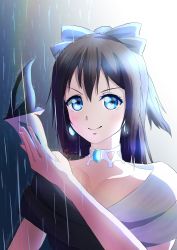 Rule 34 | 1girl, aqua eyes, artist name, artist request, back bow, bare shoulders, belt, black dress, blue eyes, blush, bow, breasts, brown hair, buttons, choker, cleavage, cloud, collarbone, dress, drop earrings, earrings, female focus, grey bow, hair between eyes, hair bow, high ponytail, highres, holding, holding mask, jewelry, long hair, looking at viewer, love live!, love live! nijigasaki high school idol club, love live! school idol festival, mask, multicolored clothes, nail, nail polish, necklace, off-shoulder dress, off shoulder, osaka shizuku, outdoors, parted lips, pink nails, pink nails, ponytail, rain, sidelocks, sky, sleeveless, sleeveless dress, small breasts, smile, solitude rain (love live!), solo, two-tone dress, upper body, white bow, white dress