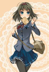 Rule 34 | 1girl, alice margatroid, alternate costume, alternate hair color, bag, black pantyhose, blush, bread slice, brown hair, colored eyelashes, contemporary, doily, female focus, food, food in mouth, hairband, mouth hold, pantyhose, satchel, school uniform, short hair, skirt, solo, toast, toast in mouth, touhou, unasaka ryou