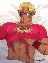Rule 34 | 1boy, bara, beowulf (fate), blonde hair, buster shirt, cup, facial hair, fate/grand order, fate (series), glasses, goatee, grabbing, large pectorals, male focus, manly, muscular, nipples, pectoral grab, pectorals, red eyes, scar, solo, tattoo, topless male, upper body, yamanome