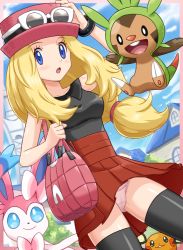 Rule 34 | 10s, 1girl, :d, :o, bag, black eyes, black thighhighs, blonde hair, blue eyes, blush, bow, bracelet, breasts, chespin, creatures (company), dedenne, game freak, gen 6 pokemon, hat, jewelry, long hair, low-tied long hair, medium breasts, nintendo, open mouth, panties, pantyshot, pokemoa, pokemon, pokemon (creature), pokemon xy, serena (pokemon), skirt, smile, standing, sunglasses, sylveon, thighhighs, underwear, upskirt