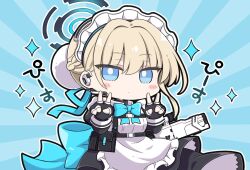 Rule 34 | 1girl, apron, black dress, black gloves, blonde hair, blue archive, blue background, blue eyes, blue ribbon, blush stickers, bright pupils, chibi, commentary, double v, dress, earpiece, fingerless gloves, frilled apron, frills, gloves, hair between eyes, hair ribbon, hands up, highres, looking at viewer, maid headdress, nejikirio, no nose, ribbon, solo, sparkle, toki (blue archive), translated, v, white apron, white pupils