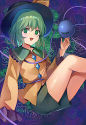 Rule 34 | 1girl, absurdres, black hat, buttons, collared shirt, diamond button, feet out of frame, frilled shirt collar, frilled sleeves, frills, green eyes, green hair, green skirt, hat, hat ribbon, highres, koizumo, komeiji koishi, long sleeves, looking at viewer, open mouth, ribbon, shirt, short hair, skirt, smile, solo, third eye, touhou, wide sleeves, yellow ribbon, yellow shirt