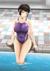 Rule 34 | 10s, 1girl, bare shoulders, breasts, brown eyes, brown hair, competition swimsuit, covered navel, curvy, female focus, hair bun, hair ornament, hairclip, highres, huge breasts, kantai collection, kauchoro (namikazemakase), lips, looking at viewer, myoukou (kancolle), one-piece swimsuit, pool, poolside, short hair, single hair bun, sitting, smile, solo, swimsuit, water