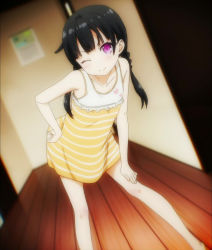 Rule 34 | 10s, 1girl, ;), black hair, braid, dress, hand on own hip, highres, leaning forward, long hair, momohara natsuki, one eye closed, one room, pink eyes, screencap, smile, solo, stitched, third-party edit, twin braids, twintails