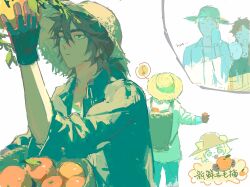 Rule 34 | 4boys, :3, alternate costume, atou haruki, black shirt, blonde hair, brown hair, brown hat, chinese text, closed mouth, colored skin, english text, food, fruit, green eyes, hair between eyes, harada minoru, hat, highres, holding, holding food, holding fruit, isoi reiji, iuew, male focus, multiple boys, musical note, open clothes, open mouth, open shirt, orange (fruit), picking fruit, saibou shinkyoku, sanpaku, shinano eiji, shirt, short hair, sketch, smile, spoken musical note, straw hat, sweat, translation request, white shirt, white skin, wiping sweat