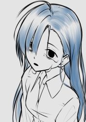 Rule 34 | 1girl, ado (utaite), ahoge, blue hair, breasts, collared shirt, commentary request, crying, crying with eyes open, dress shirt, empty eyes, grey background, hair between eyes, highres, long hair, merry (ado), nori (norinori yrl), open mouth, readymade (ado), shirt, simple background, small breasts, solo, tears, upper body, white shirt