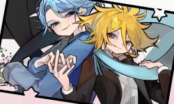 Rule 34 | 2boys, black suit, blonde hair, blue eyes, blue hair, blue scarf, brothers, formal, frill inferno, hair between eyes, holding hands, long sleeves, male focus, multiple boys, otogami sorachika, pppppp, scarf, shirt, siblings, smile, sonoda lucky, suit, symbol-shaped pupils, upper body, white shirt