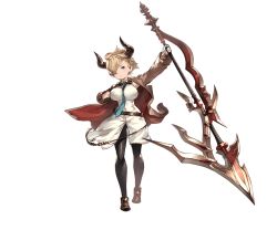 Rule 34 | 10s, 1girl, belt, blonde hair, blue eyes, breasts, draph, full body, gloves, granblue fantasy, hair over one eye, holding, holding weapon, horns, huge weapon, jacket, laguna (granblue fantasy), large breasts, looking at viewer, minaba hideo, necktie, official art, pantyhose, pointy ears, shoes, short hair, skirt, solo, transparent background, weapon