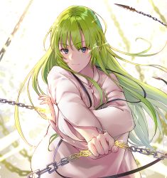Rule 34 | 1boy, absurdres, androgynous, black cola, blue eyes, chain, cloak, closed mouth, enkidu (fate), enkidu (weapon) (fate), fate/grand order, fate/strange fake, fate (series), gold chain, green hair, highres, long hair, looking at viewer, solo, upper body, very long hair, white cloak, yellow eyes