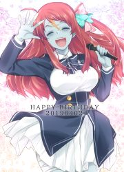 Rule 34 | 1girl, ^ ^, ahoge, blue skin, bow, cherry blossoms, closed eyes, colored skin, cowboy shot, dated, closed eyes, happy birthday, highres, long hair, microphone, minamoto sakura, new year, polka dot, polka dot bow, red hair, scar, scar on face, scar on forehead, skirt, smile, solo, zombie, zombie land saga