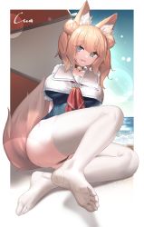Rule 34 | 1girl, absurdres, animal ears, bad id, bad pixiv id, bell, breasts, choker, dirty, dirty feet, double bun, fangs, feet, fox ears, hair bun, highres, large breasts, legs, neck bell, original, ra coon, reclining, sailor collar, school swimsuit, soles, solo, swimsuit, thighhighs, thighs, white background, white thighhighs