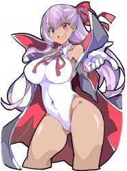 Rule 34 | 1girl, :d, bare shoulders, bb (fate), bb (fate) (all), bb (swimsuit mooncancer) (fate), bb (swimsuit mooncancer) (third ascension) (fate), breasts, covered navel, cropped legs, dark-skinned female, dark skin, enpe, fate/grand order, fate (series), gloves, groin, hair between eyes, hair ribbon, highres, large breasts, long hair, one-piece swimsuit, open mouth, purple eyes, purple hair, red eyes, red ribbon, ribbon, round teeth, simple background, smile, solo, swimsuit, teeth, thighs, v-shaped eyebrows, white background, white gloves, white one-piece swimsuit