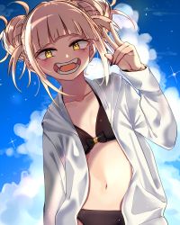 Rule 34 | 10s, 1girl, bad id, bad twitter id, bags under eyes, bikini, black bikini, blonde hair, blue sky, blunt bangs, boku no hero academia, breasts, cloud, cloudy sky, commentary, day, double bun, fangs, hair bun, half-closed eyes, hood, hoodie, leaning to the side, long sleeves, looking at viewer, maco spl, messy hair, open clothes, open mouth, open shirt, outdoors, shirt, short hair, sky, small breasts, smile, solo, standing, swimsuit, toga himiko, upper body, v, white shirt, yellow eyes