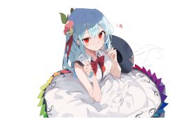 Rule 34 | 1girl, absurdres, adapted costume, black hat, blue hair, blush, closed mouth, collared dress, dress, hair between eyes, hat, highres, hinanawi tenshi, long hair, red eyes, simple background, sleeveless, sleeveless dress, solo, tetsurou (fe+), touhou, unfinished, unworn hat, unworn headwear, white background, white dress