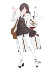 Rule 34 | 1girl, absurdres, bag, braid, brown eyes, brown hair, coat, full body, highres, jacket, kantai collection, long hair, long sleeves, messenger bag, neve (morris-minicooper), open clothes, open jacket, pantyhose, pleated skirt, rigging, shoulder bag, signature, single braid, skirt, smile, solo, souya (kancolle), souya agl (kancolle), standing, white background, white coat, white jacket, white pantyhose