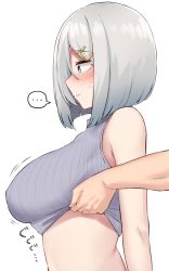 Rule 34 | ..., 1girl, absurdres, blue eyes, blush, breasts, closed mouth, clothes lift, from side, grey hair, hair ornament, hairclip, hamakaze (kancolle), highres, kantai collection, kiritto, large breasts, lifting another&#039;s clothes, motion lines, short hair, simple background, solo focus, spoken ellipsis, upper body, white background