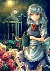 Rule 34 | 1girl, apron, blue dress, bow, braid, commentary request, cowboy shot, dress, flower, frilled apron, frills, green bow, hair bow, highres, holding, izayoi sakuya, lamppost, long hair, looking at viewer, maid, maid apron, maid headdress, neck ribbon, night, night sky, petals, puffy short sleeves, puffy sleeves, red eyes, red flower, red ribbon, red rose, ribbon, rose, shirt, short sleeves, silver hair, sky, smile, solo, standing, star (sky), starry sky, suzushina, touhou, twin braids, waist apron, watering can, white apron, white shirt