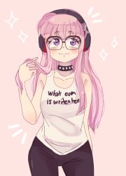 Rule 34 | 1girl, :3, alternate hair color, blush stickers, clothes writing, collar, glasses, twirling hair, headphones, highres, leggings, long hair, looking up, persona, persona 5, pink hair, purple eyes, sakura futaba, solo, sparkle, studded collar, tank top, tenhimi
