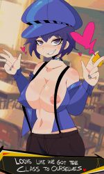 Rule 34 | 1girl, absurdres, alternate hairstyle, belly, blue hair, breasts, condom, double v, grin, hat, highres, jiansketch, large breasts, looking at viewer, navel, nipples, no bra, persona, persona 4, purple eyes, shirogane naoto, smile, solo, teasing, v
