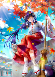 Rule 34 | 1girl, autumn, autumn leaves, black hair, blue sky, blunt bangs, broom, cat, cloud, day, highres, holding, holding broom, japanese clothes, leaf, long hair, looking at viewer, lunaargent, maple leaf, miko, original, red skirt, sandals, shirt, shrine, sitting, skirt, sky, socks, tabi, white legwear, white shirt