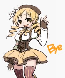 Rule 34 | 10s, 1girl, beret, blonde hair, boots, chan co, corset, detached sleeves, drill hair, english text, fingerless gloves, gloves, hat, mahou shoujo madoka magica, mahou shoujo madoka magica (anime), puffy sleeves, smile, solo, thighhighs, tomoe mami, yellow eyes