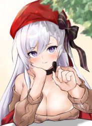Rule 34 | 1girl, aran sweater, azur lane, bare shoulders, belfast (azur lane), belfast (shopping with the head maid) (azur lane), beret, blush, bow, breasts, brown sweater, cable knit, choker, cleavage, food, hair between eyes, hand on own chin, hat, hat bow, highres, hiiragi setu, holding, holding food, holding pocky, incoming food, large breasts, long hair, looking at viewer, off-shoulder sweater, off shoulder, pocky, purple eyes, red hat, red shawl, shawl, silver hair, smile, solo, sweater, upper body