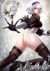Rule 34 | 1girl, ass, black footwear, black thighhighs, blue eyes, boots, breasts, closed mouth, commentary request, feather trim, feathers, gloves, hair over one eye, hairband, high heels, highleg, highleg leotard, highres, leotard, lips, long sleeves, looking at viewer, medium breasts, mole, mole under mouth, nier:automata, nier (series), pod (nier:automata), puffy sleeves, robot, shiny skin, short hair, simple background, thigh boots, thighhighs, thighs, tsukigime (fool ehle), white hair, 2b (nier:automata)