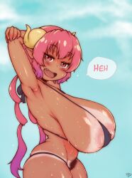 Rule 34 | 1girl, areola slip, armpits, arms behind head, arms up, bikini, black bikini, black pubic hair, blue sky, blush, breasts, day, dragon horns, excessive pubic hair, fang, female pubic hair, fingernails, from side, highres, horns, huge breasts, ilulu (maidragon), inverted nipples, kobayashi-san chi no maidragon, large areolae, long hair, looking at viewer, low twintails, lowleg, lowleg bikini, micro bikini, mismatched pubic hair, nipple slip, nipples, open mouth, pink hair, pointy ears, pubic hair, pubic hair peek, randomboobguy, red eyes, sagging breasts, shiny skin, sky, slit pupils, smile, solo, spaghetti strap, standing, stretching, summer, sweat, swimsuit, tan, tanline, thick thighs, thighs, twintails, yellow horns