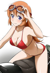 Rule 34 | 1girl, bikini, blue eyes, blush, breasts, brown hair, charlotte e. yeager, cleavage, goggles, goggles on head, long hair, medium breasts, motor vehicle, motorcycle, red bikini, sitting, smile, solo, strike witches, swimsuit, vehicle, world witches series, youkan
