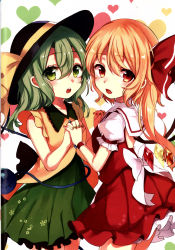 Rule 34 | 2girls, :d, :o, absurdres, adapted costume, bare shoulders, blonde hair, bow, contrapposto, cowboy shot, flandre scarlet, floral print, green hair, hair between eyes, hair bow, hat, hat bow, heart, heart background, highres, interlocked fingers, komeiji koishi, long hair, looking at viewer, multiple girls, nail polish, no headwear, one side up, open mouth, paragasu (parags112), scan, simple background, skirt, smile, touhou, yuri
