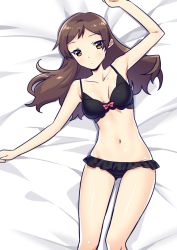 Rule 34 | 1girl, armpits, bed sheet, black bra, black panties, bow, bow bra, bra, breasts, brown eyes, brown hair, cleavage, collarbone, frilled panties, frills, from above, idolmaster, idolmaster million live!, kitazawa shiho, long hair, looking at viewer, lying, medium breasts, navel, on back, panties, pink bow, shiny skin, solo, touon, underwear, underwear only