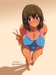 Rule 34 | 1girl, :d, bare shoulders, black eyes, blush, breasts, brown hair, cleavage, collarbone, dated, dutch angle, enomoto hidehira, covered erect nipples, from above, highleg, highleg swimsuit, large breasts, looking at viewer, one-piece tan, open mouth, original, smile, solo, swimsuit, tan, tanline, twitter username, v