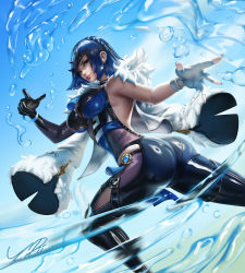Rule 34 | 1girl, ass, bare shoulders, blue hair, bodysuit, breasts, from behind, genshin impact, gloves, green eyes, highres, jacket, jacket on shoulders, large breasts, looking at viewer, pants, shiny clothes, shiny skin, short hair, smile, solo, yelan (genshin impact), yonpii