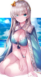 Rule 34 | &gt;:), 1girl, absurdres, anastasia (fate), blue eyes, blush, breasts, cape, cleavage, eyes visible through hair, fate/grand order, fate (series), hair ornament, hair over one eye, highres, large breasts, long hair, looking at viewer, nano (syoutamho), navel, ocean, silver hair, sitting, smile, solo