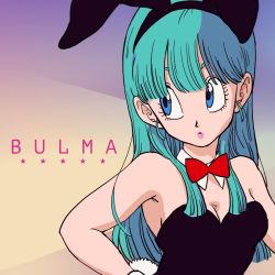 Rule 34 | 1girl, animal ears, bare arms, bare shoulders, blue eyes, blue hair, bow, bowtie, breasts, bulma, character name, commentary request, dragon ball, dragon ball (classic), expressionless, fake animal ears, gradient background, gradient hair, hair between eyes, highres, leotard, long hair, looking away, medium breasts, multicolored hair, playboy bunny, rabbit ears, rabbit tail, red bow, red bowtie, solo, star (symbol), strapless, strapless leotard, tail, tkgsize, upper body
