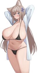 Rule 34 | 1girl, animal ear fluff, animal ears, arms behind head, arms up, bikini, black bikini, blue eyes, blush, breasts, breasts apart, brown hair, cat ears, closed mouth, collarbone, cowboy shot, curvy, groin, hair between eyes, hair ornament, highres, huge breasts, long hair, long sleeves, looking at viewer, micro bikini, narodenden, navel, open clothes, original, sagging breasts, shirt, simple background, skindentation, solo, standing, stomach, string bikini, swimsuit, thighs, very long hair, white background