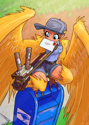 Rule 34 | 1girl, baseball cap, belt, bird legs, blonde hair, blue eyes, commentary, english commentary, feathers, harpy, hat, highres, jolly jack, letter, mailbag, monster girl, mouth hold, original, outdoors, postbox (outgoing mail), short hair, solo, squatting, talons, uniform, united states postal service, winged arms, wings, yellow feathers, yellow wings