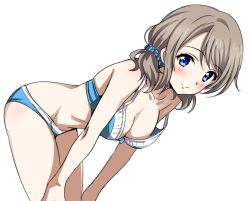 Rule 34 | 10s, 1girl, bent over, blue bra, blue eyes, blue panties, blush, bra, breasts, cleavage, collarbone, hair ornament, hair scrunchie, light brown hair, looking at viewer, loose bikini, love live!, love live! sunshine!!, medium breasts, panties, sankuro (agoitei), scrunchie, short twintails, simple background, smile, solo, strap slip, twintails, underwear, underwear only, watanabe you, white background